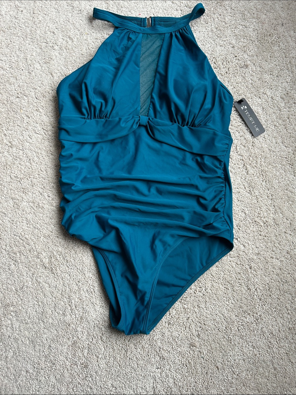 High-Neck Teal One-Piece Swimsuit with Front Mesh Panel